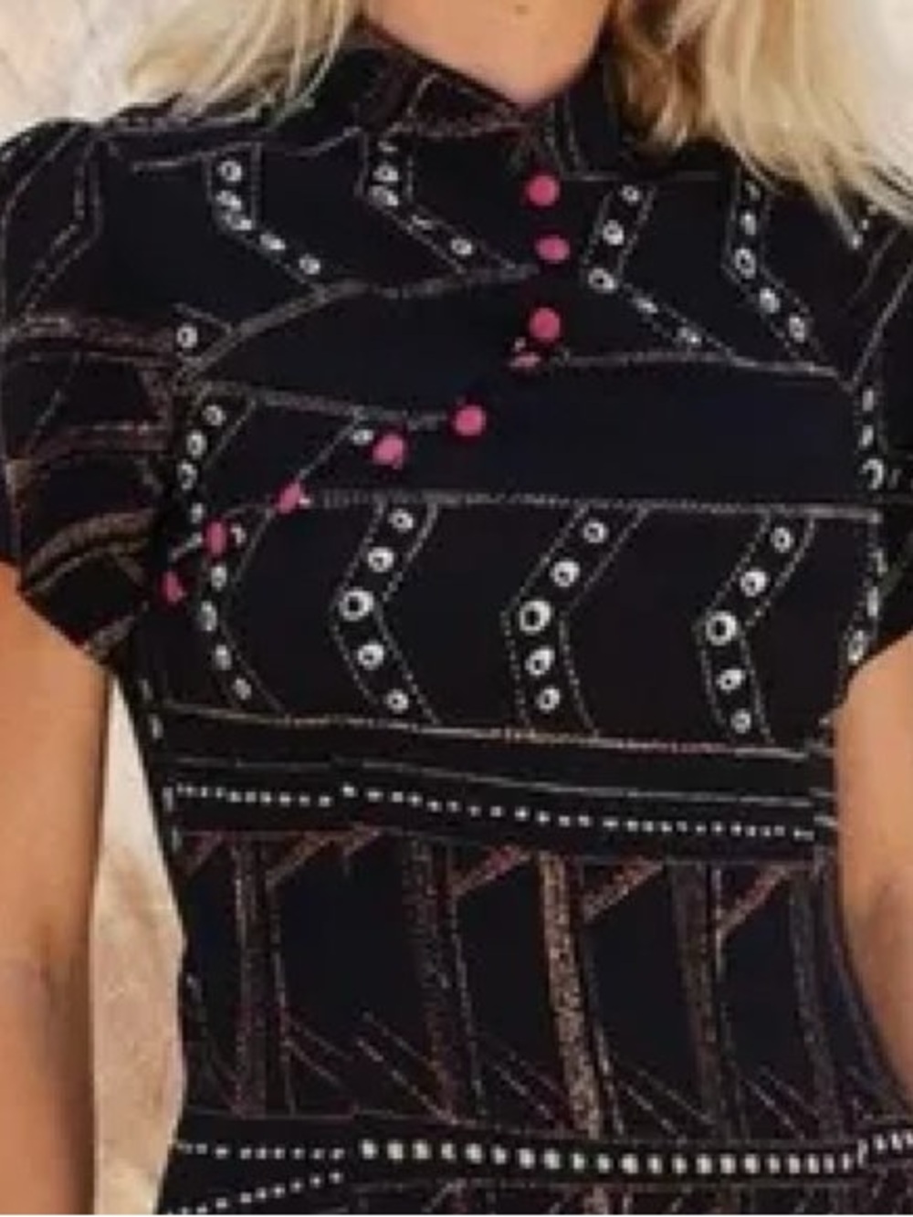 Stone Cold Fox Black Printed Short Sleeve Women's Dress with Pink Button Accents
